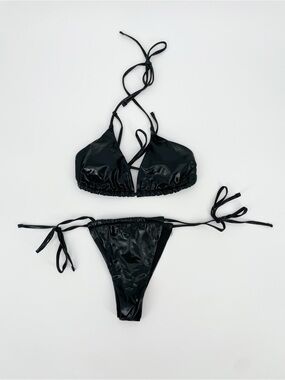 Shein Black Faux Leather Two Piece Bikini Swim Set
